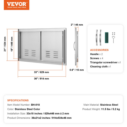 VEVOR BBQ Access Door, 36W x 21H Inch Double Outdoor Kitchen Door, Stainless Steel Flush Mount Door, Wall Vertical Door with Handles and Vents, for BBQ Island, Grilling Station, Outside Cabinet