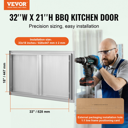 VEVOR BBQ Access Door, 36W x 21H Inch Double Outdoor Kitchen Door, Stainless Steel Flush Mount Door, Wall Vertical Door with Recessed Handles , for BBQ Island, Grilling Station, Outside Cabinet