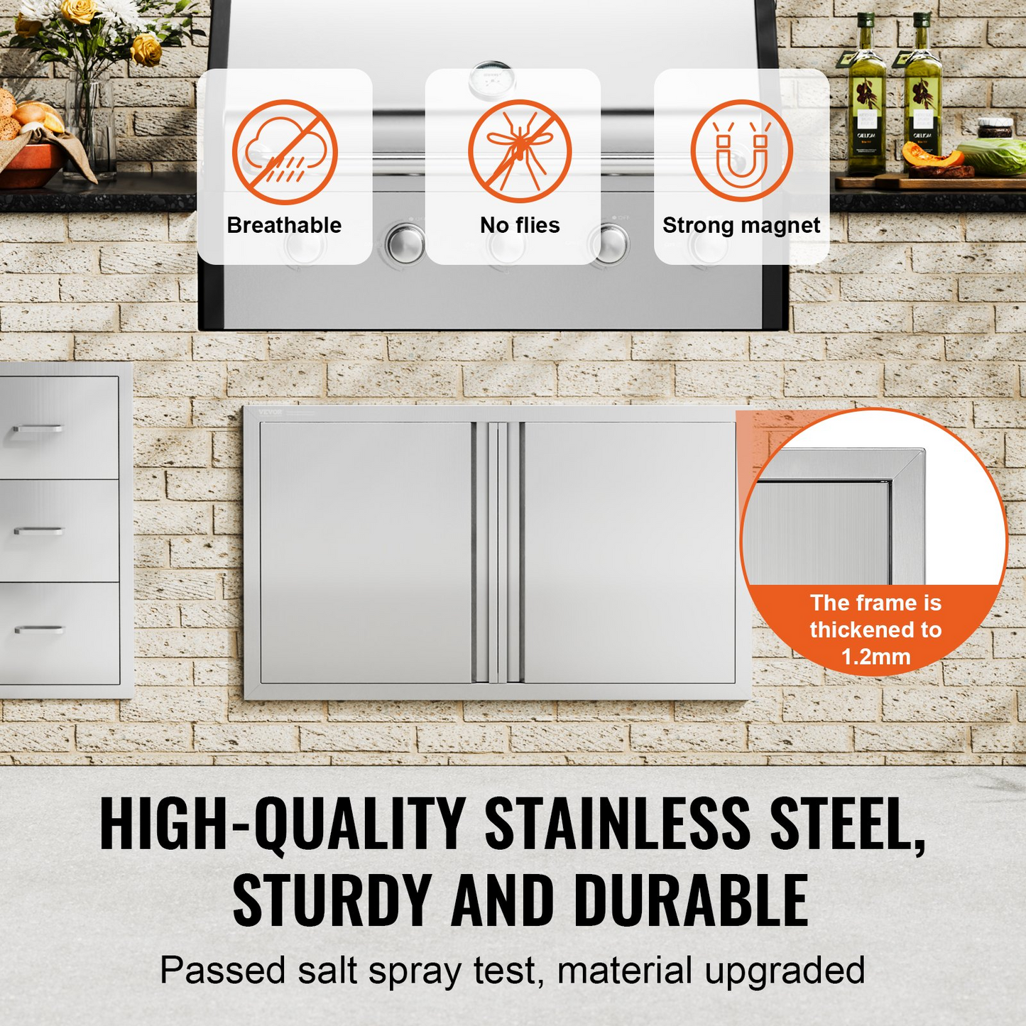 VEVOR BBQ Access Door, 36W x 21H Inch Double Outdoor Kitchen Door, Stainless Steel Flush Mount Door, Wall Vertical Door with Recessed Handles , for BBQ Island, Grilling Station, Outside Cabinet