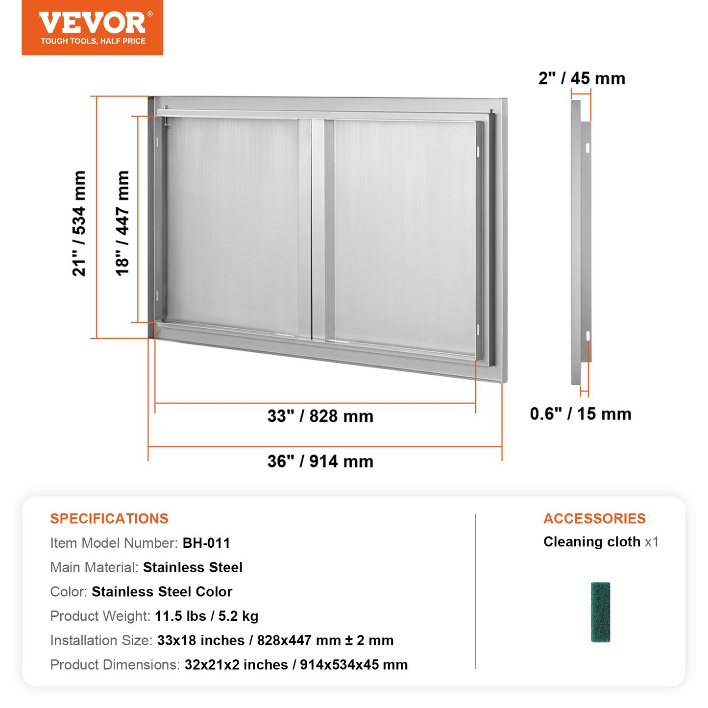 VEVOR BBQ Access Door, 36W x 21H Inch Double Outdoor Kitchen Door, Stainless Steel Flush Mount Door, Wall Vertical Door with Recessed Handles , for BBQ Island, Grilling Station, Outside Cabinet