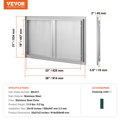 VEVOR BBQ Access Door, 36W x 21H Inch Double Outdoor Kitchen Door, Stainless Steel Flush Mount Door, Wall Vertical Door with Recessed Handles , for BBQ Island, Grilling Station, Outside Cabinet