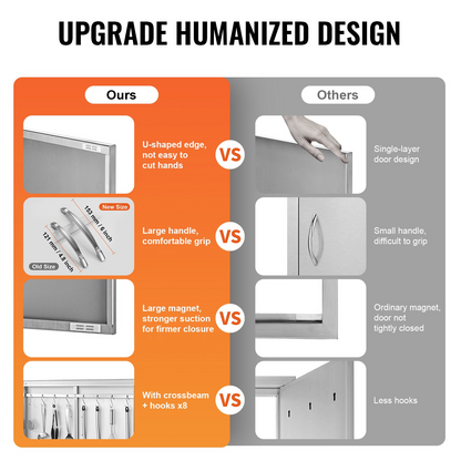 VEVOR BBQ Access Door, 39W x 26H Inch Double Outdoor Kitchen Door, Stainless Steel Flush Mount Door, Wall Vertical Door with Handles and Hooks, for BBQ Island, Grilling Station, Outside Cabinet