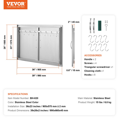 VEVOR BBQ Access Door, 39W x 26H Inch Double Outdoor Kitchen Door, Stainless Steel Flush Mount Door, Wall Vertical Door with Handles and Hooks, for BBQ Island, Grilling Station, Outside Cabinet