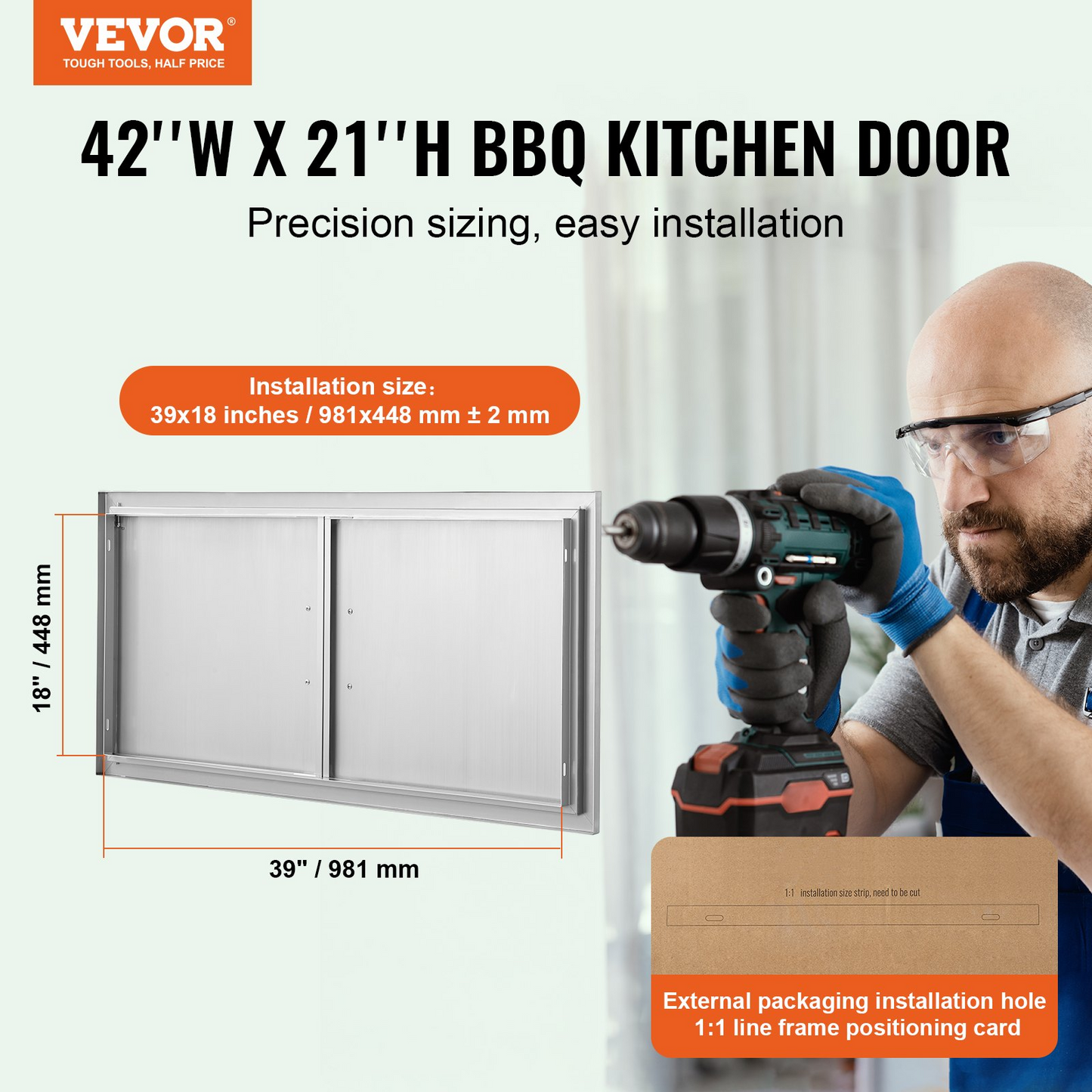 VEVOR BBQ Access Door, 42W x 21H Inch Double Outdoor Kitchen Door, Stainless Steel Flush Mount Door, Wall Vertical Door with Handles, for BBQ Island, Grilling Station, Outside Cabinet