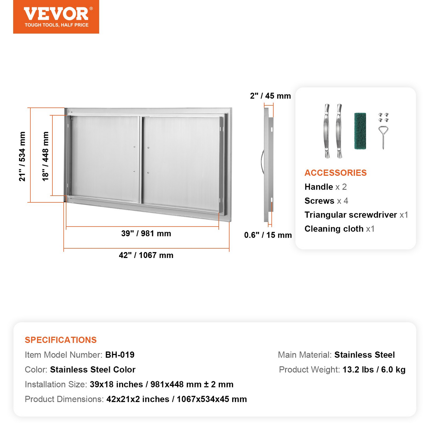 VEVOR BBQ Access Door, 42W x 21H Inch Double Outdoor Kitchen Door, Stainless Steel Flush Mount Door, Wall Vertical Door with Handles, for BBQ Island, Grilling Station, Outside Cabinet