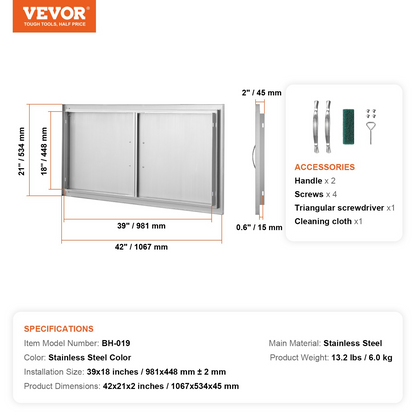 VEVOR BBQ Access Door, 42W x 21H Inch Double Outdoor Kitchen Door, Stainless Steel Flush Mount Door, Wall Vertical Door with Handles, for BBQ Island, Grilling Station, Outside Cabinet