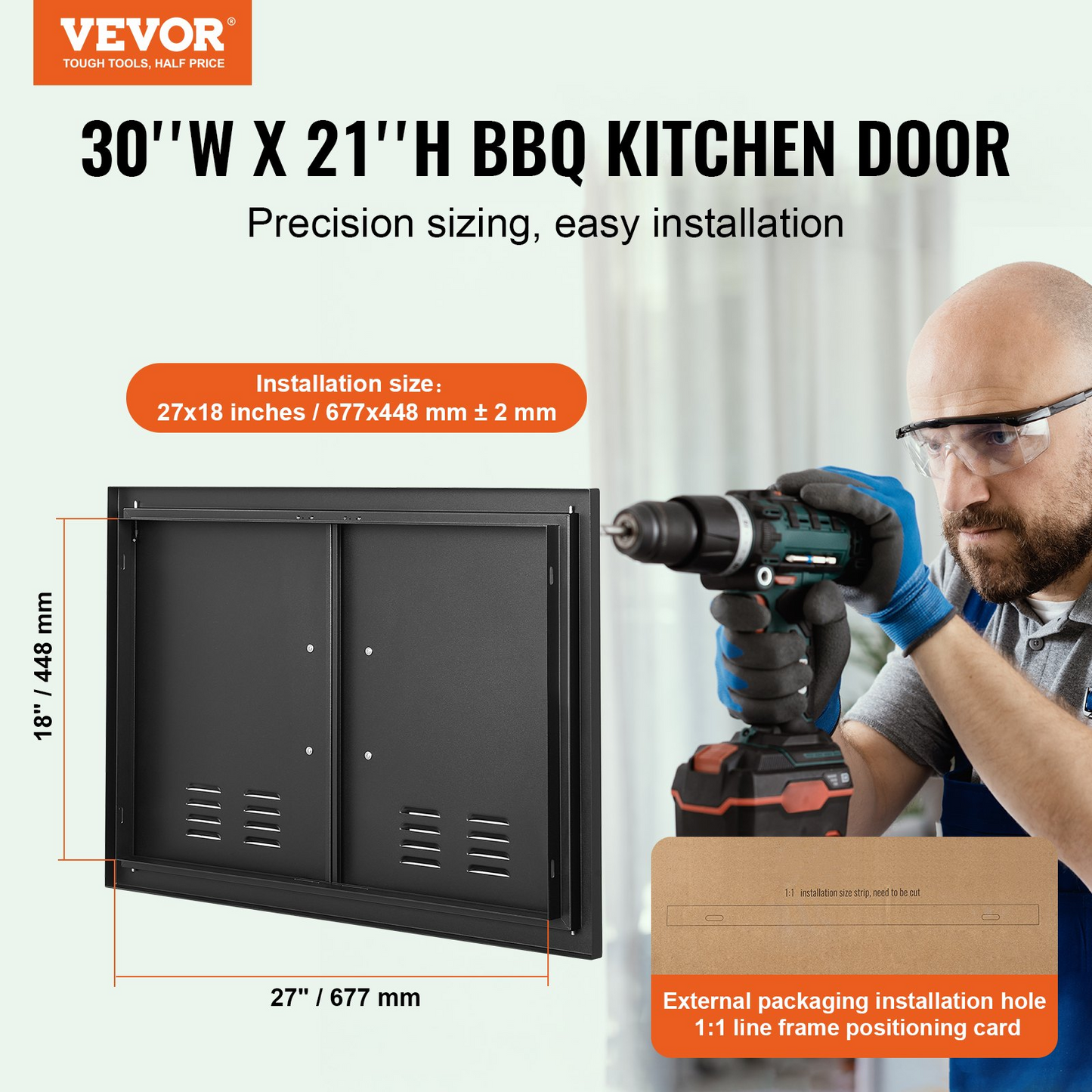 VEVOR BBQ Access Door, 30W x 21H Inch Double Outdoor Kitchen Door, Cold Plate Flush Mount Door, Wall Vertical Door with Handles and Ventss, for BBQ Island, Grilling Station, Outside Cabinet