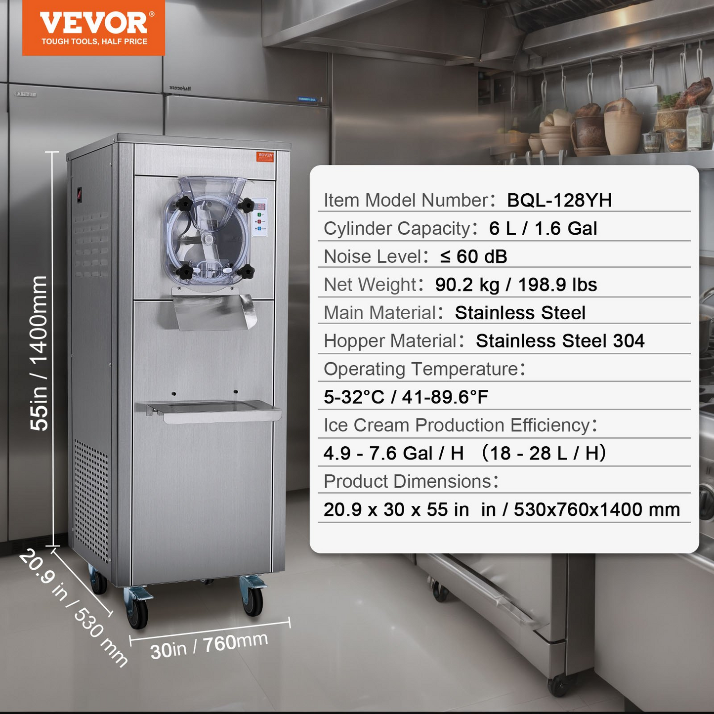 VEVOR Commercial Ice Cream Machine, 18 L/H Yield, 1780W Single Flavor Hard Serve Ice Cream Maker with Wheels, 6L Stainless Steel Cylinder, LED Panel Auto Clean Pre-cooling, for Restaurant Snack Bars