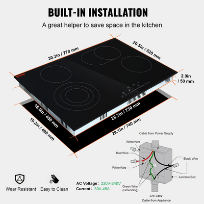 VEVOR Built in Electric Stove Top, 30.3 x 20.5 inch 4 Burners, 240V Glass Radiant Cooktop with Sensor Touch Control, Timer & Child Lock Included, 9 Power Levels for Simmer Steam Slow Cook Fry