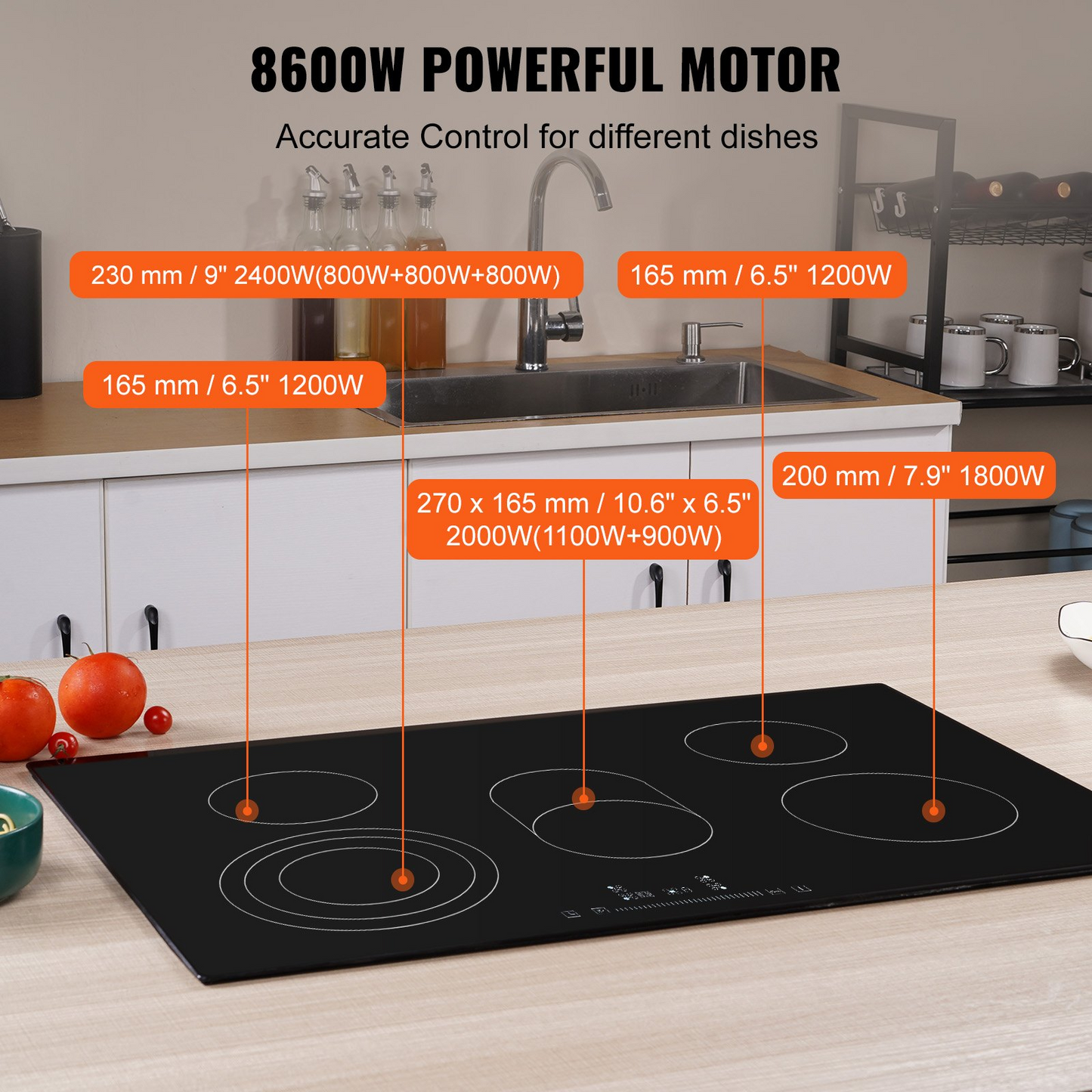 VEVOR Built in Electric Stove Top, 30.3 x 20.5 inch 5 Burners, 240V Glass Radiant Cooktop with Sensor Touch Control, Timer & Child Lock Included, 9 Power Levels for Simmer Steam Slow Cook Fry