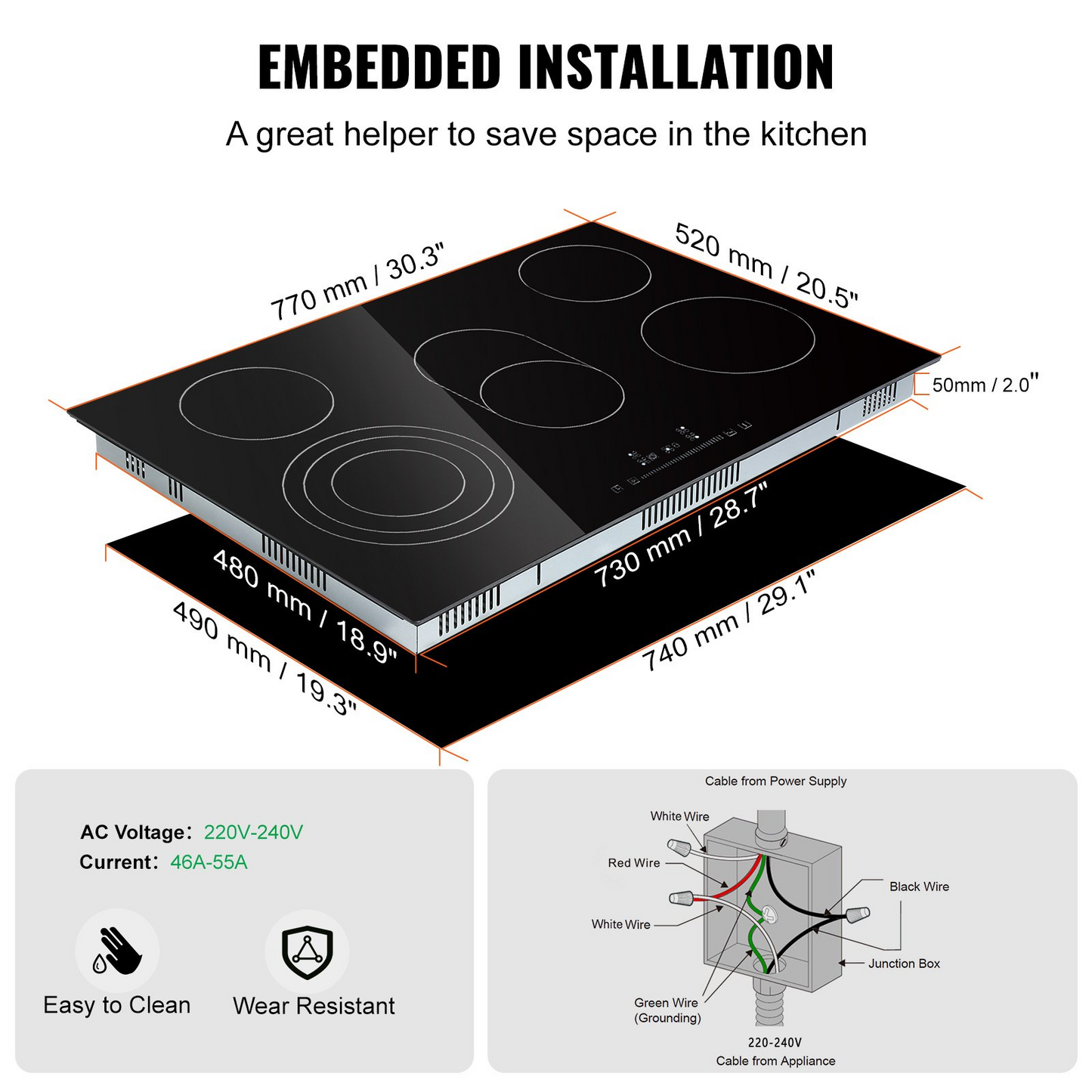 VEVOR Built in Electric Stove Top, 30.3 x 20.5 inch 5 Burners, 240V Glass Radiant Cooktop with Sensor Touch Control, Timer & Child Lock Included, 9 Power Levels for Simmer Steam Slow Cook Fry