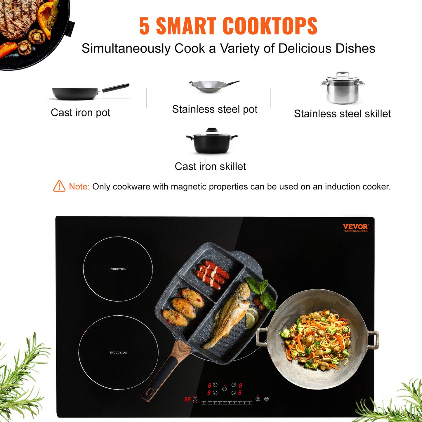 VEVOR Electric Cooktop, 4 Burners, 30'' Induction Stove Top, Built-in Magnetic Cooktop 7500W, 9 Heating Level Multifunctional Burner, LED Touch Screen with Child Lock & Over-Temperature Protection