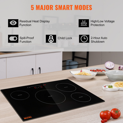 VEVOR Electric Cooktop, 4 Burners, 30'' Induction Stove Top, Built-in Magnetic Cooktop 7500W, 9 Heating Level Multifunctional Burner, LED Touch Screen with Child Lock & Over-Temperature Protection