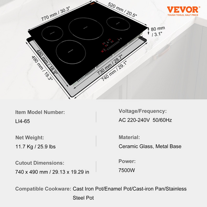 VEVOR Electric Cooktop, 4 Burners, 30'' Induction Stove Top, Built-in Magnetic Cooktop 7500W, 9 Heating Level Multifunctional Burner, LED Touch Screen with Child Lock & Over-Temperature Protection