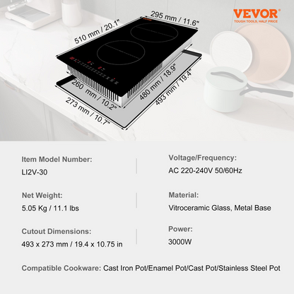 VEVOR Electric Cooktop, 2 Burners, 12'' Induction Stove Top, Built-in Magnetic Cooktop 3000W, 9 Heating Level Multifunctional Burner, LED Touch Screen w/ Child Lock & Over-Temperature Protection