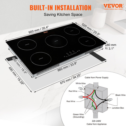 VEVOR Electric Cooktop, 5 Burners, 36'' Induction Stove Top, Built-in Magnetic Cooktop 9200W, 9 Heating Level Multifunctional Burner, LED Touch Screen w/ Child Lock & Over-Temperature Protection