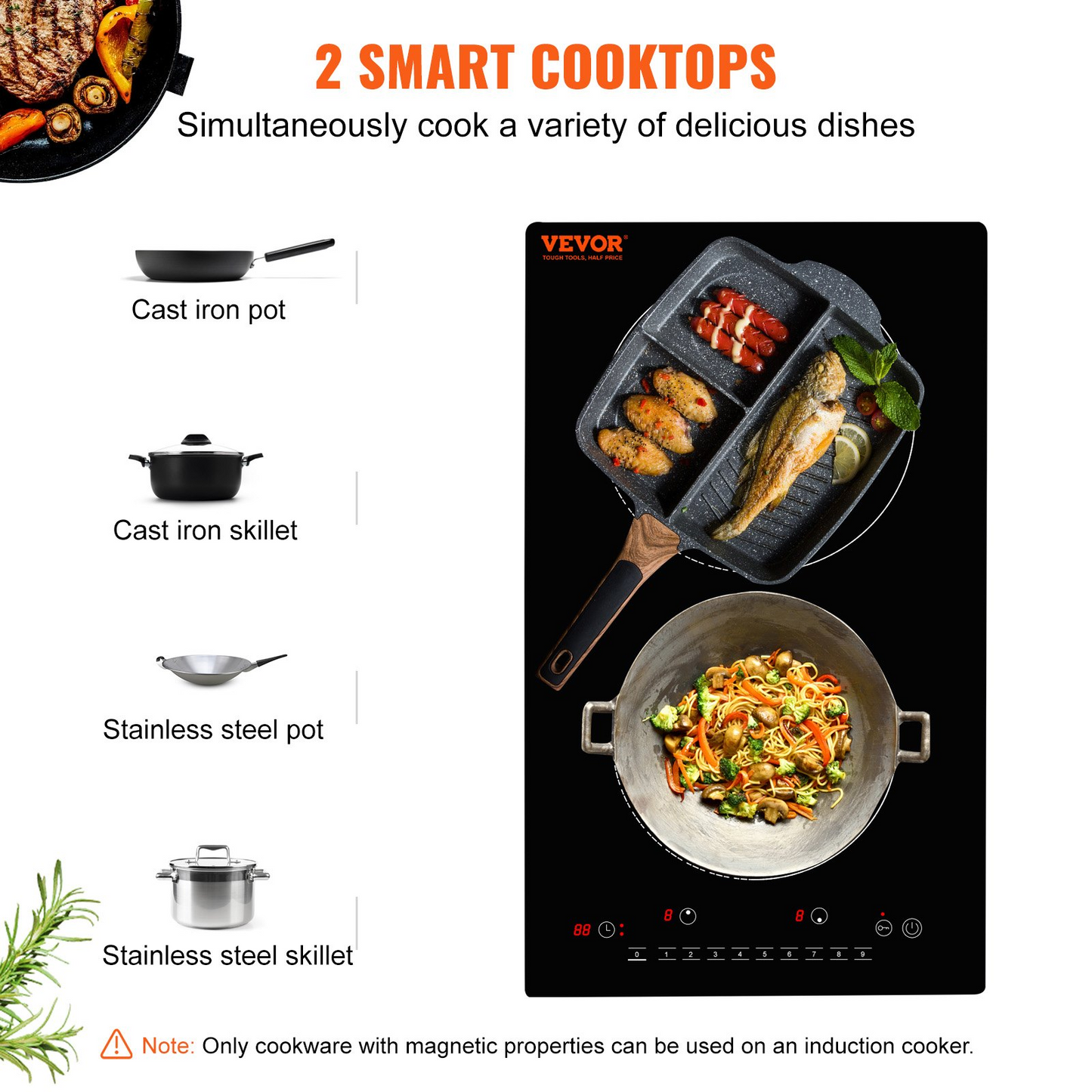 VEVOR Electric Cooktop, 2 Burners, 12'' Induction Stove Top, Built-in Magnetic Cooktop 1800W, 9 Heating Level Multifunctional Burner, LED Touch Screen w/ Child Lock & Over-Temperature Protection