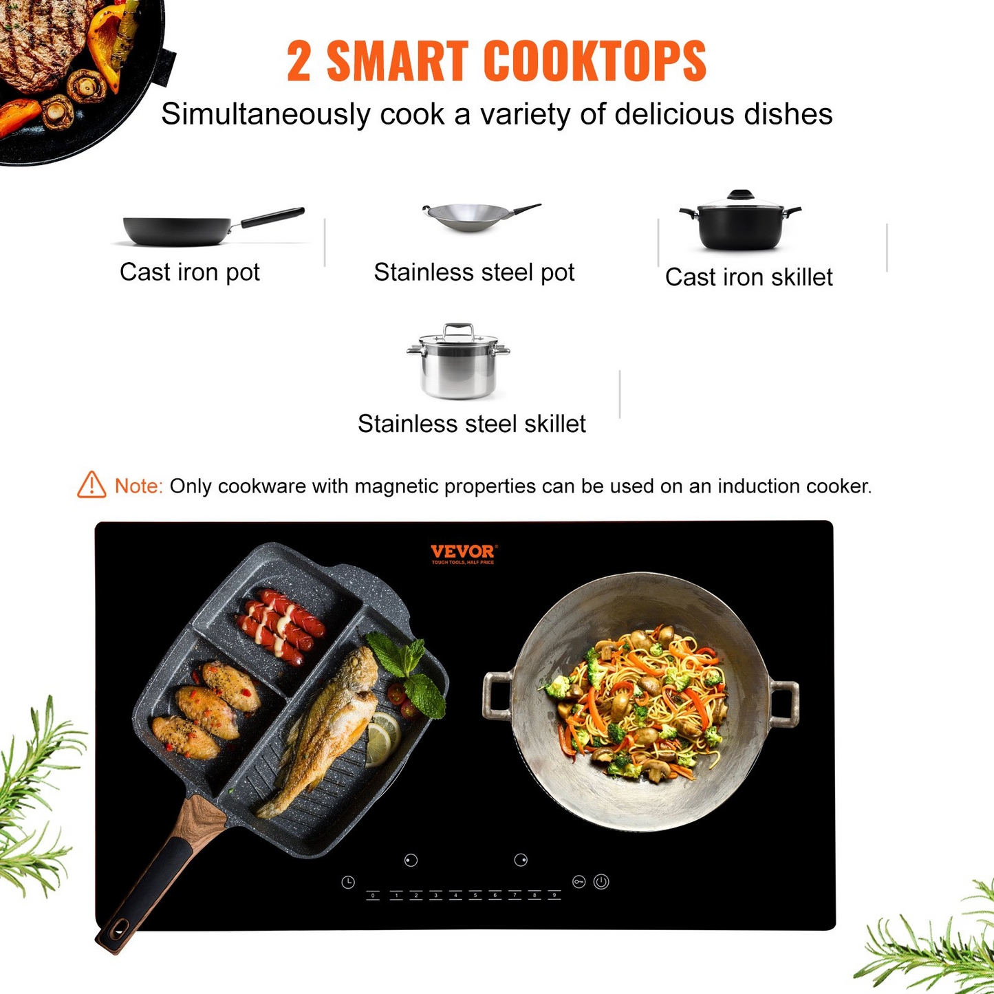 VEVOR Electric Cooktop, 2 Burners, 24'' Induction Stove Top, Built-in Magnetic Cooktop 1800W, 9 Heating Level Multifunctional Burner, LED Touch Screen w/ Child Lock & Over-Temperature Protection