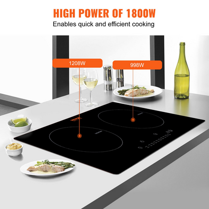 VEVOR Electric Cooktop, 2 Burners, 24'' Induction Stove Top, Built-in Magnetic Cooktop 1800W, 9 Heating Level Multifunctional Burner, LED Touch Screen w/ Child Lock & Over-Temperature Protection