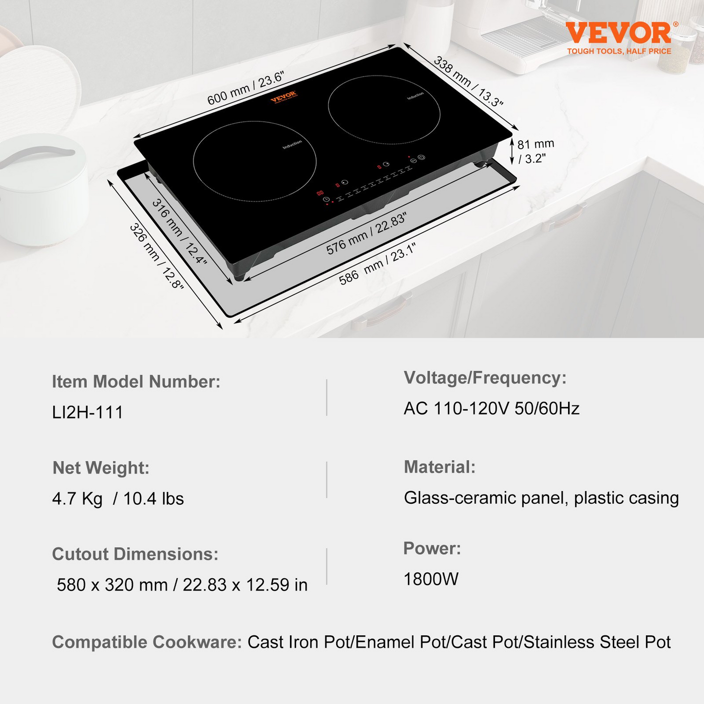 VEVOR Electric Cooktop, 2 Burners, 24'' Induction Stove Top, Built-in Magnetic Cooktop 1800W, 9 Heating Level Multifunctional Burner, LED Touch Screen w/ Child Lock & Over-Temperature Protection