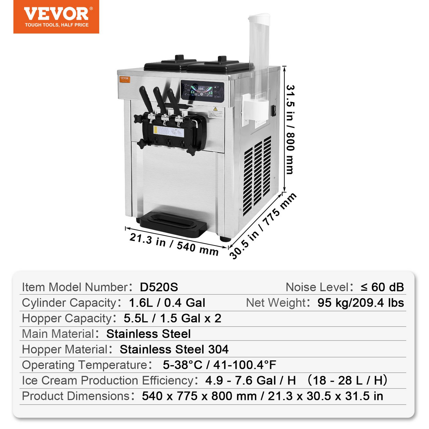 VEVOR Commercial Ice Cream Machine, 18-28 L/H Yield, 1850W 3-Flavor Countertop Soft Serve Ice Cream Maker,  2 x 5.5L Stainless Steel Cylinder, LED Panel Auto Clean Pre-cooling, for Restaurant Bars