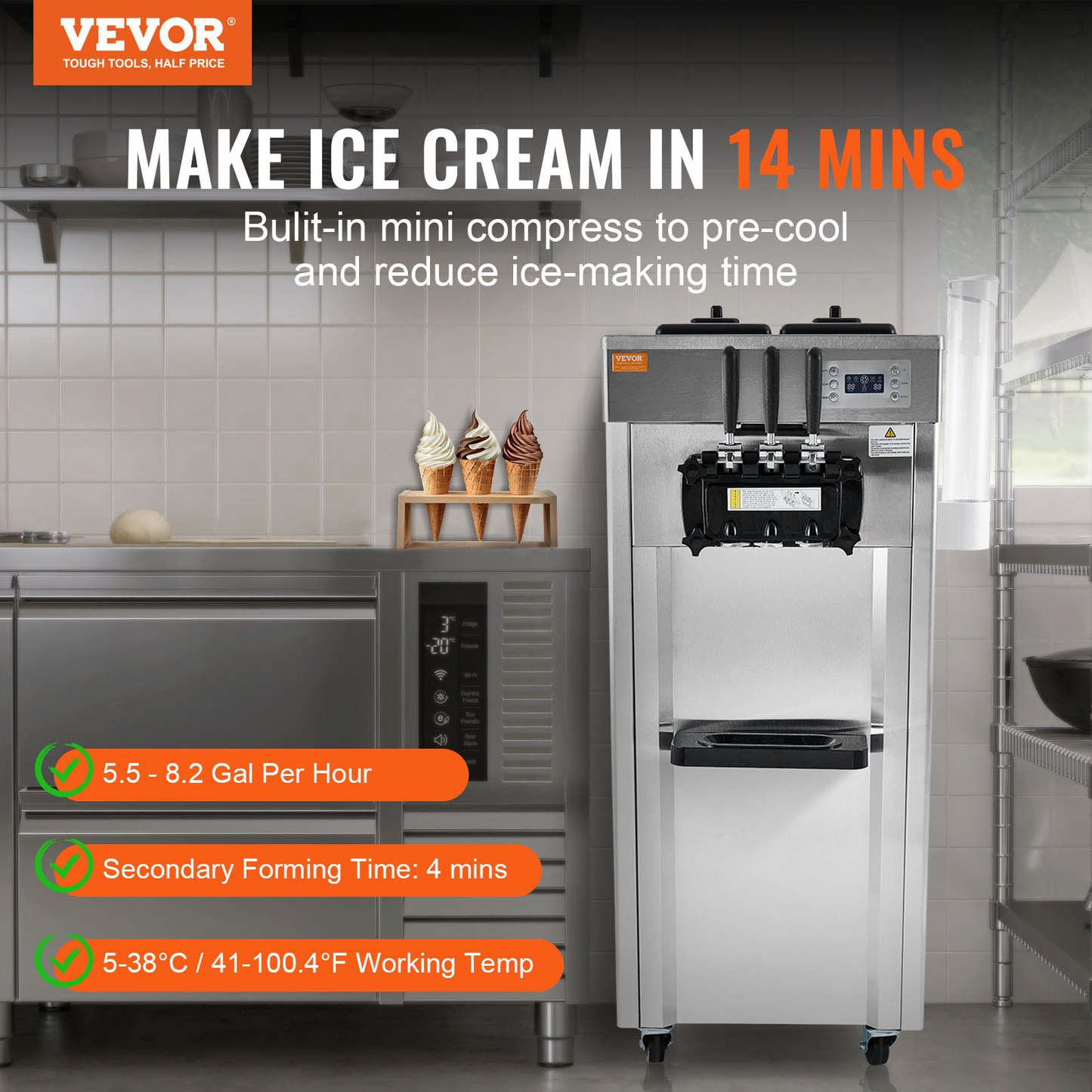 VEVOR 1850W Commercial Soft Ice Cream Machine 3 Flavors 5.3 to 7.4Gallon per Hour PreCooling at Night Auto Clean LCDPanel for Restaurants Snack Bar, Sliver