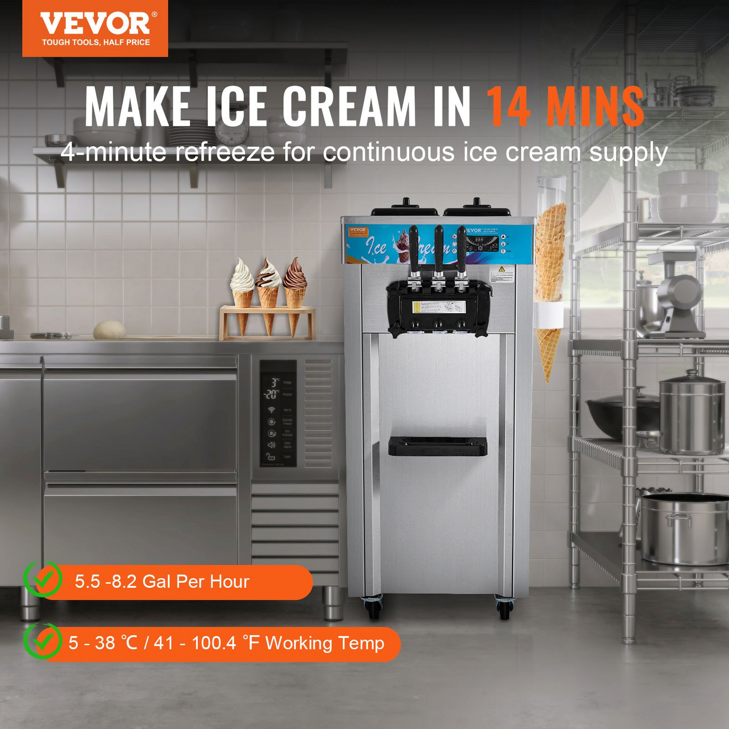 VEVOR Commercial Ice Cream Machine, 21-31 L/H Yield, 1800W 3-Flavor Freestanding Soft Serve Ice Cream Maker,  2 x 5.5L Stainless Steel Cylinder, LED Panel Auto Clean Pre-cooling, for Restaurant Bars