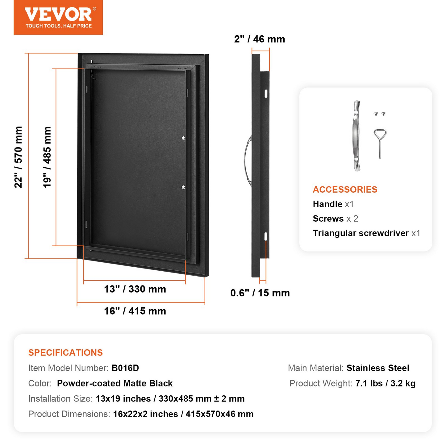 VEVOR BBQ Access Door, 16W x 22H Inch Single Outdoor Kitchen Door, Cold Plate Flush Mount Door, Wall Vertical Door with Handle, for BBQ Island, Grilling Station, Outside Cabinet