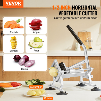 VEVOR Commercial Vegetable Slicer, 1/2 inch Fruit Slicer, Stainless Steel and Aluminum Alloy Vegetable Cutter Slicer Machine, Manual Slicer with Non-slip Feet, for Radishes, Onions, Potatoes, Lemons