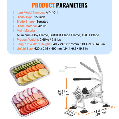 VEVOR Commercial Vegetable Slicer, 1/2 inch Fruit Slicer, Stainless Steel and Aluminum Alloy Vegetable Cutter Slicer Machine, Manual Slicer with Non-slip Feet, for Radishes, Onions, Potatoes, Lemons