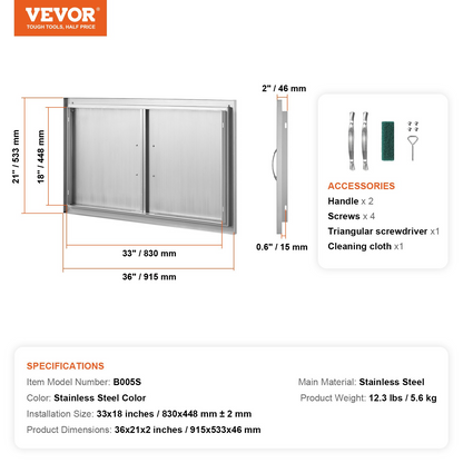 VEVOR BBQ Access Door, 36W x 21H Inch Double Outdoor Kitchen Door, Stainless Steel Flush Mount Door, Wall Vertical Door with Handles, for BBQ Island, Grilling Station, Outside Cabinet