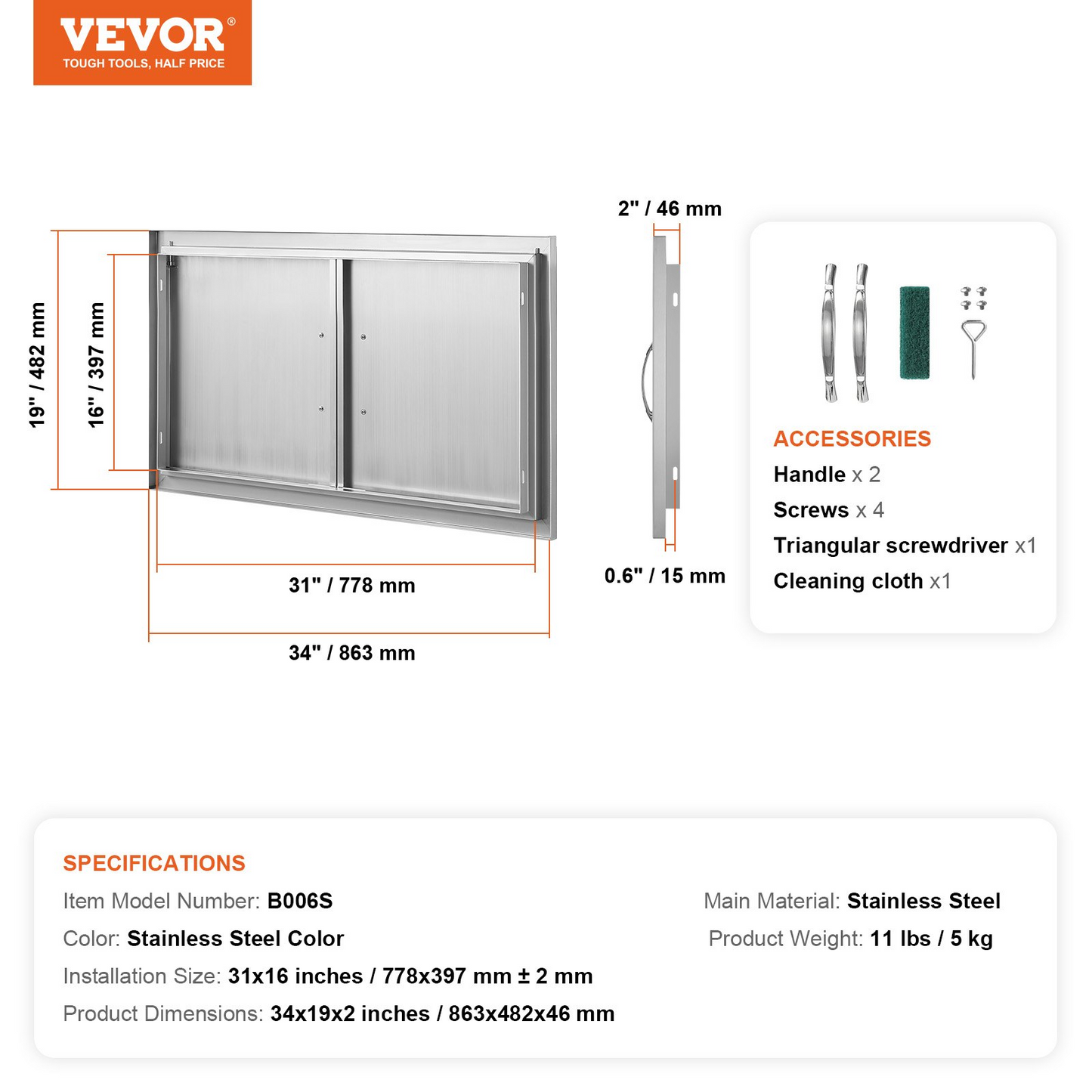 VEVOR BBQ Access Door, 34W x 19H Inch Double Outdoor Kitchen Door, Stainless Steel Flush Mount Door, Wall Vertical Door with Handles, for BBQ Island, Grilling Station, Outside Cabinet