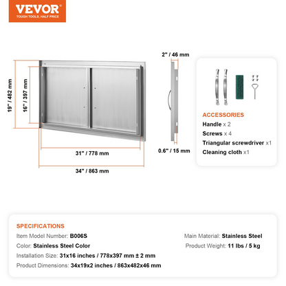 VEVOR BBQ Access Door, 34W x 19H Inch Double Outdoor Kitchen Door, Stainless Steel Flush Mount Door, Wall Vertical Door with Handles, for BBQ Island, Grilling Station, Outside Cabinet