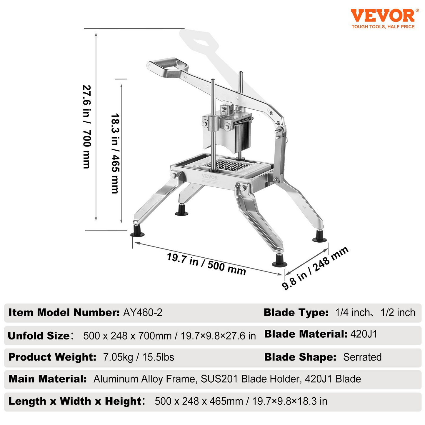 VEVOR Commercial Vegetable Slicer, 1/4 and 1/2 inch Tomato Slicer, Stainless Steel and Aluminum Alloy Vegetable Cutter Slicer, Manual Tomato Slicer with Non-slip Feet, for Tomatoes, Onions, Potatoes