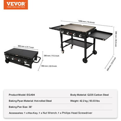 VEVOR Commercial Griddle on Cart, 36" Heavy Duty Manual Flat Top Griddle, Outdoor Cooking Station with Side Shelves, Steel LPG Gas Griddle, 4-Burners Restaurant Portable Grill -  60,000 BTU