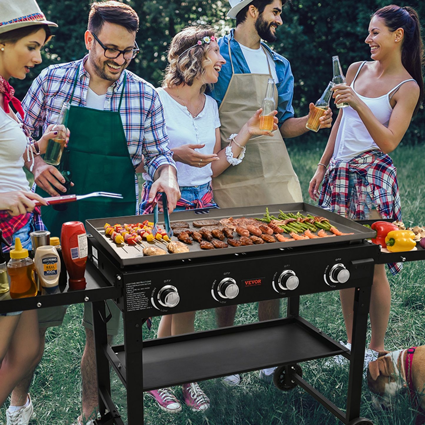 VEVOR Commercial Griddle on Cart, 36" Heavy Duty Manual Flat Top Griddle, Outdoor Cooking Station with Side Shelves, Steel LPG Gas Griddle, 4-Burners Restaurant Portable Grill -  60,000 BTU