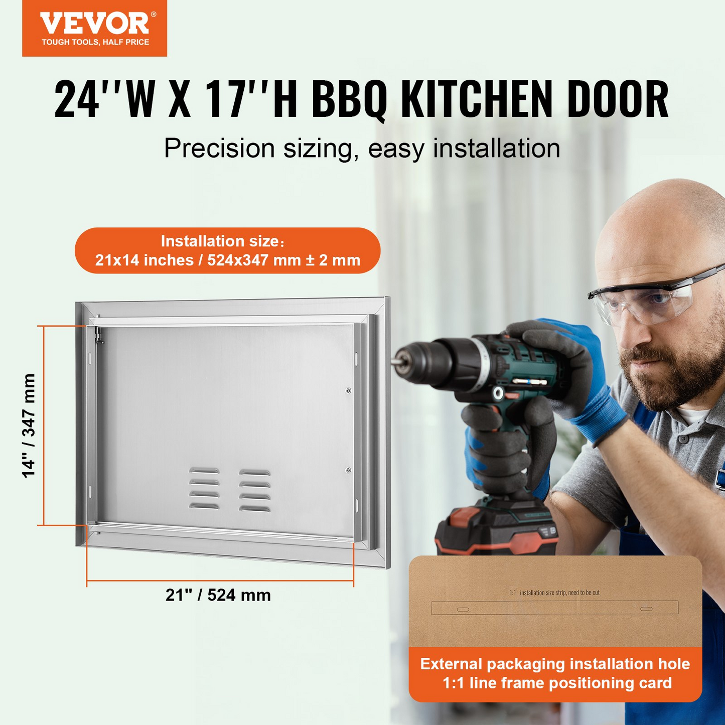 VEVOR BBQ Access Door, 24W x 17H Inch Single Outdoor Kitchen Door, Stainless Steel Flush Mount Door, Wall Vertical Door with Handle and vents, for BBQ Island, Grilling Station, Outside Cabinet