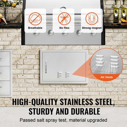 VEVOR BBQ Access Door, 24W x 17H Inch Single Outdoor Kitchen Door, Stainless Steel Flush Mount Door, Wall Vertical Door with Handle and vents, for BBQ Island, Grilling Station, Outside Cabinet