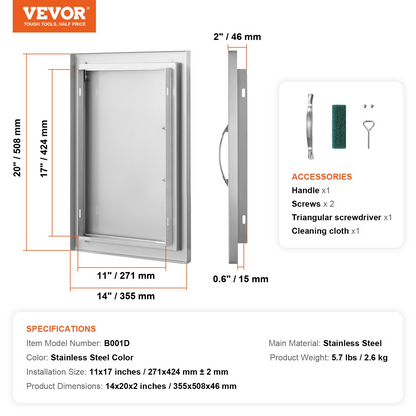 VEVOR BBQ Access Door, 14W x 20H Inch Single Outdoor Kitchen Door, Stainless Steel Flush Mount Door, Wall Vertical Door with Handle, for BBQ Island, Grilling Station, Outside Cabinet