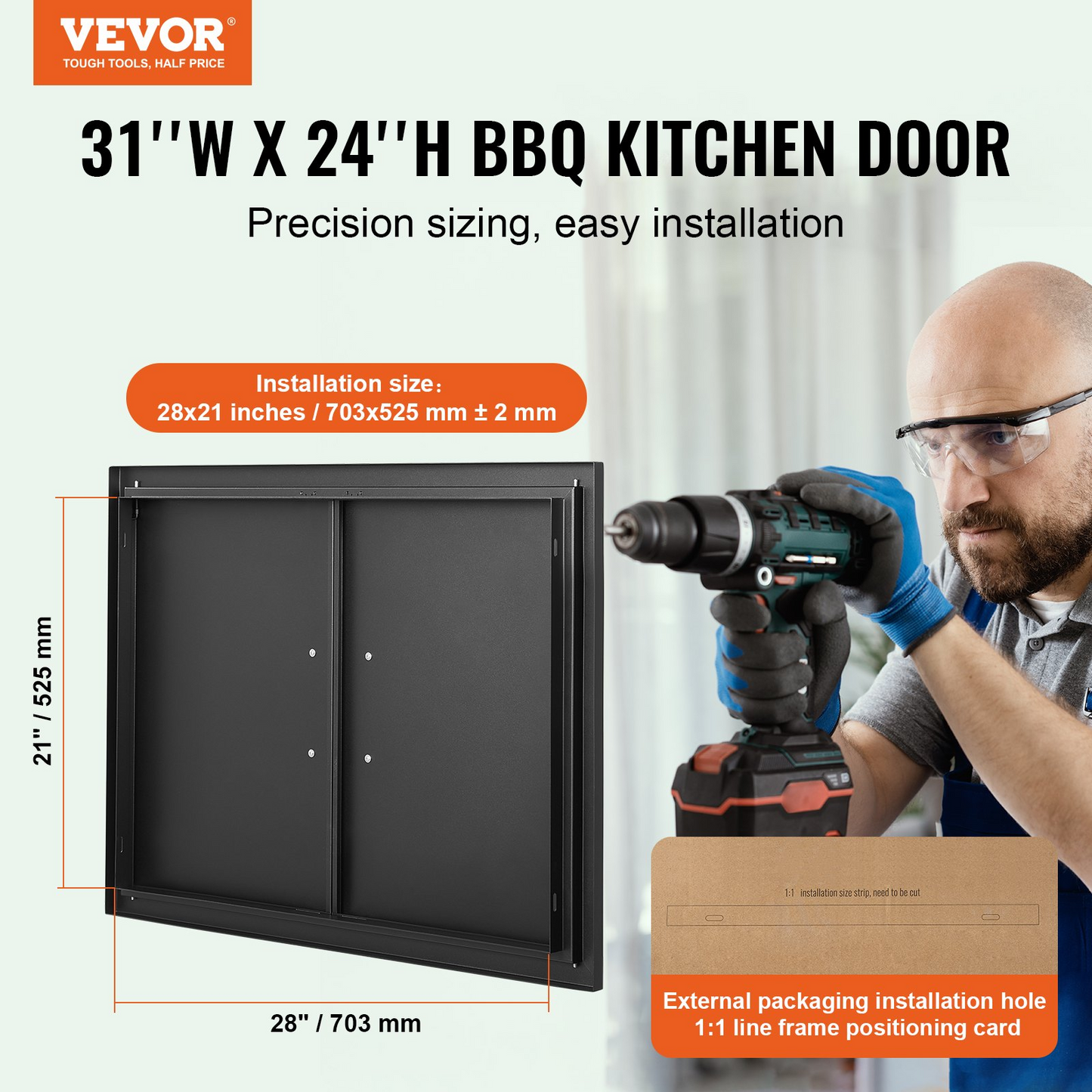 VEVOR BBQ Access Door, 31W x 24H Inch Double Outdoor Kitchen Door, Cold Plate Flush Mount Door, Wall Vertical Door with Handles, for BBQ Island, Grilling Station, Outside Cabinet