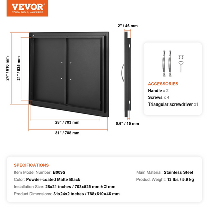 VEVOR BBQ Access Door, 31W x 24H Inch Double Outdoor Kitchen Door, Cold Plate Flush Mount Door, Wall Vertical Door with Handles, for BBQ Island, Grilling Station, Outside Cabinet