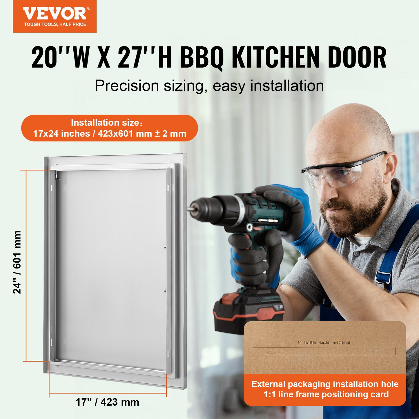 VEVOR BBQ Access Door, 20W x 27H Inch Single Outdoor Kitchen Door, Stainless Steel Flush Mount Door, Wall Vertical Door with Handle, for BBQ Island, Grilling Station, Outside Cabinet