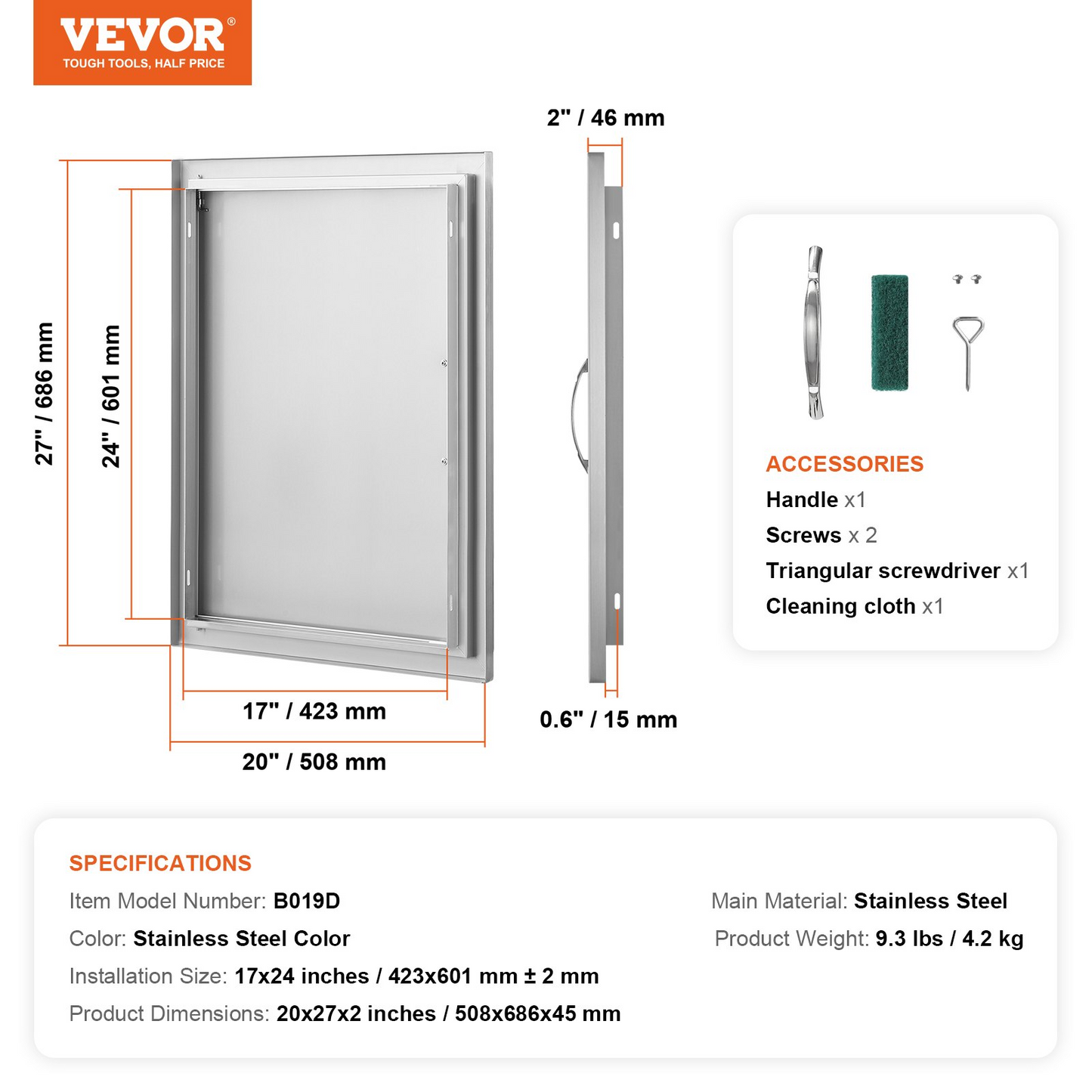 VEVOR BBQ Access Door, 20W x 27H Inch Single Outdoor Kitchen Door, Stainless Steel Flush Mount Door, Wall Vertical Door with Handle, for BBQ Island, Grilling Station, Outside Cabinet