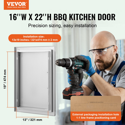 VEVOR BBQ Access Door, 16W x 22H Inch Single Outdoor Kitchen Door, Stainless Steel Flush Mount Door, Wall Vertical Door with Handle, for BBQ Island, Grilling Station, Outside Cabinet