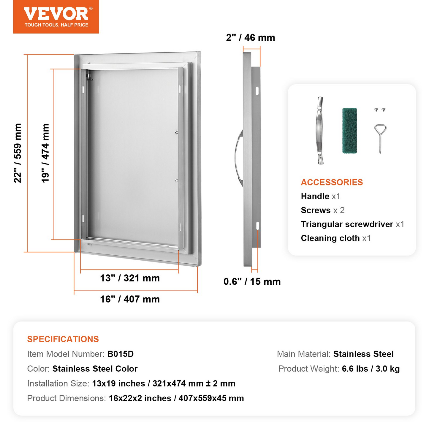 VEVOR BBQ Access Door, 16W x 22H Inch Single Outdoor Kitchen Door, Stainless Steel Flush Mount Door, Wall Vertical Door with Handle, for BBQ Island, Grilling Station, Outside Cabinet