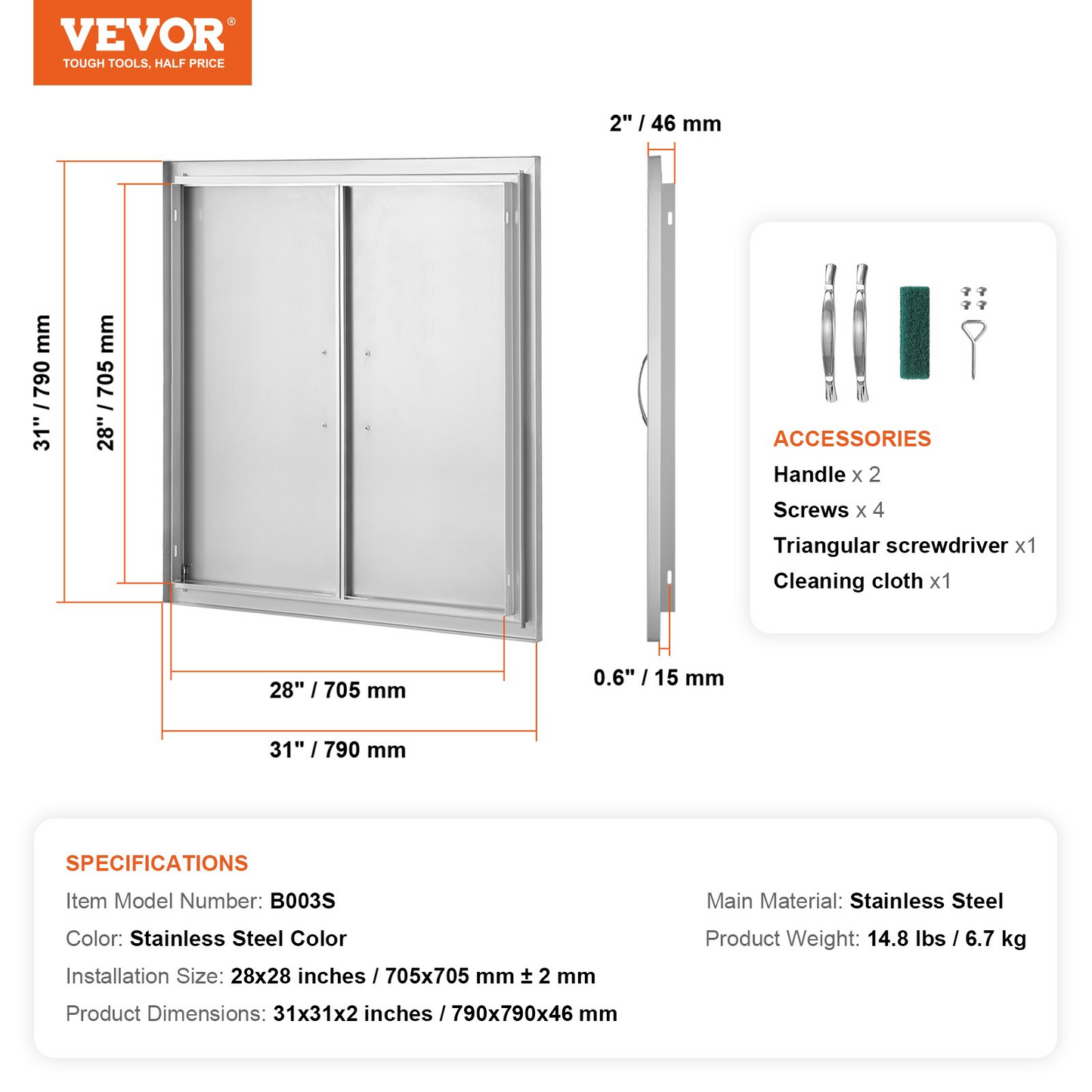 VEVOR BBQ Access Door, 31W x 31H Inch Double Outdoor Kitchen Door, Stainless Steel Flush Mount Door, Wall Vertical Door with Handles, for BBQ Island, Grilling Station, Outside Cabinet