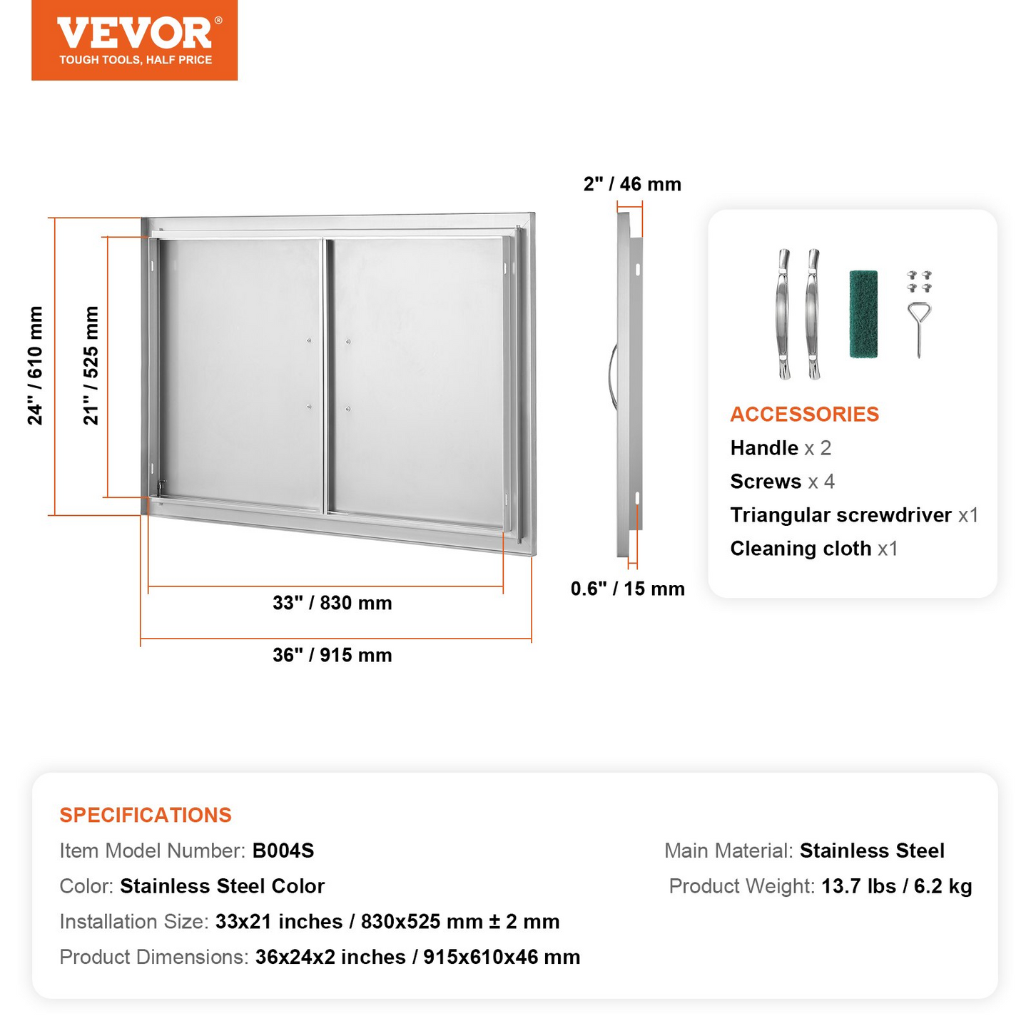 VEVOR BBQ Access Door, 36W x 24H Inch Double Outdoor Kitchen Door, Stainless Steel Flush Mount Door, Wall Vertical Door with Handles, for BBQ Island, Grilling Station, Outside Cabinet