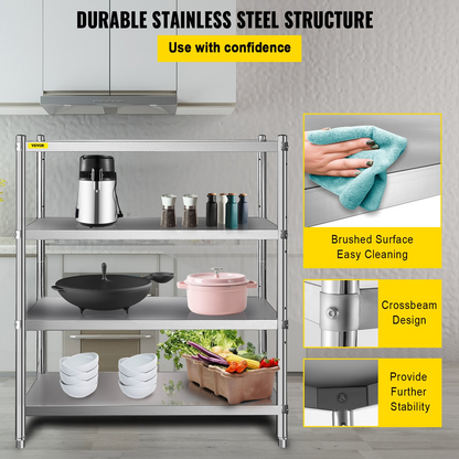 VEVOR Stainless Steel Shelving 48x24x59 Inch 4 Tier Adjustable Shelf Storage Unit Stainless Steel Heavy Duty Shelving for Kitchen Commercial Office Garage Storage 330lb Per Shelf