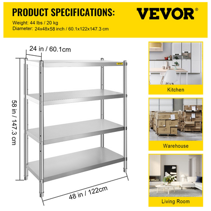 VEVOR Stainless Steel Shelving 48x24x59 Inch 4 Tier Adjustable Shelf Storage Unit Stainless Steel Heavy Duty Shelving for Kitchen Commercial Office Garage Storage 330lb Per Shelf