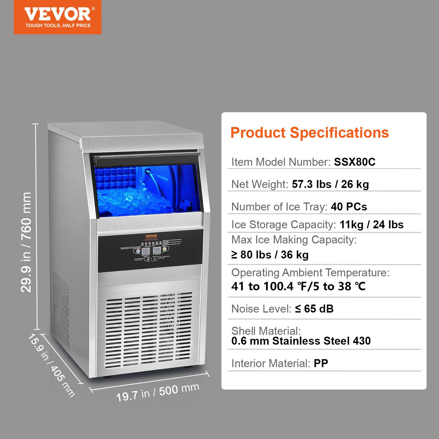 VEVOR 110V Commercial Ice Maker 80LBS/24H with 24lbs Storage Capacity Stainless Steel Commercial Ice Machine 40 Ice Cubes Per Plate Industrial Ice Maker Machine Auto Clean for Bar Home Supermarkets